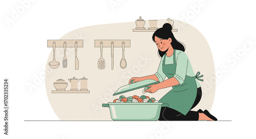 Woman Preparing a Meal in the Kitchen with Culinary Tools and Fresh Ingredients Illustration