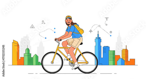 Urban Cycling Adventure: A Cheerful Cyclist Exploring The Modern Cityscape Outdoors