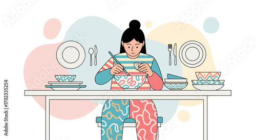 Woman Preparing Dinner With Colorful Tableware In A Modern Artistic Illustration