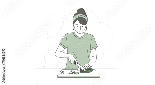 Woman Preparing Fresh Cucumber Slices Illustration Perfect For Culinary And Healthy Eating Topics