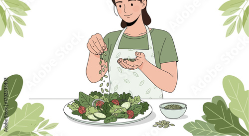 Woman preparing healthy salad with fresh ingredients for a balanced diet