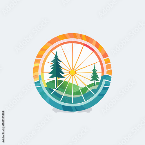Stylized Emblem Depicting a Scenic Outdoor Bicycle Adventure in a Round Emblem