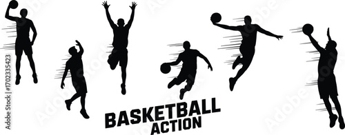 Silhouettes of basketball players in motion with speed effect, dribbling, jumping, dunking, action movement, sport concept, isolated vector