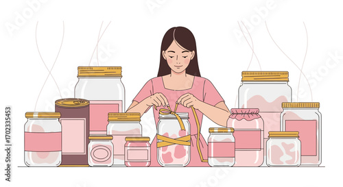 Woman Preparing Preserved Goods In Glass Jars Representing Homemade Canning