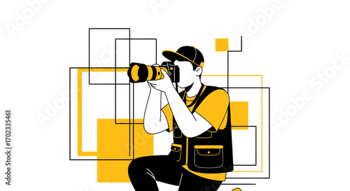 Vector illustration of a photographer taking a picture with a professional SLR camera