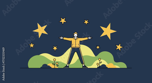 Vector Illustration of a Person Reaching for the Stars Under a Night Sky, Minimalist