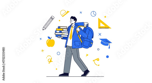 Vector illustration of a student carrying books and a backpack ready for education or school