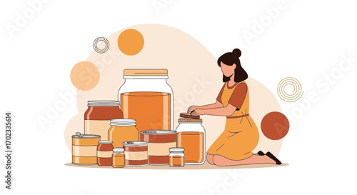 Woman Preserving Delicious Products in Jars, Ready for Long Time Storage, With Illustrations