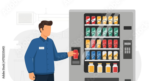 Vending machine purchase illustration with person buying a refreshment in a business scenario