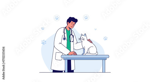 Veterinarian examining a cat on a table, vector illustration of an animal clinic