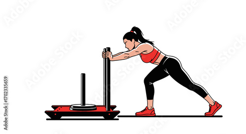 Woman Pushing Sled During Exercise, Featuring Fitness and Training Workout