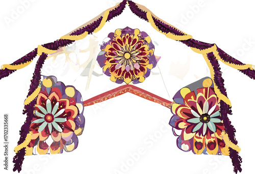 Vibrant Indian wedding mandap adorned with floral decorations and marigold garlands for Hindu ceremony