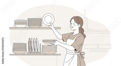 Woman putting away dishes illustration, kitchen lifestyle, everyday chores, vector art
