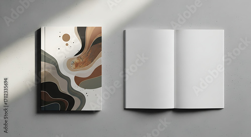 Styled Flat Lay of Closed Abstract Book and Open Blank Magazine on Grey Surface
