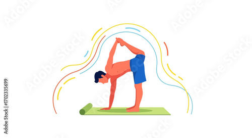 Vibrant Illustration Of A Man Practicing A Yoga Pose With Energetic Swirls