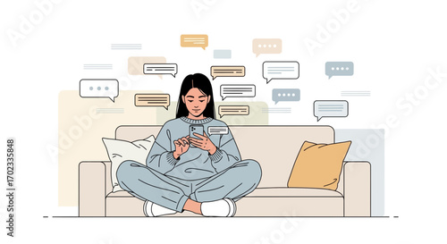 Woman relaxing at home on sofa using smartphone, with speech bubbles, chatting with friends
