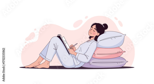 Woman relaxing and writing in a notebook leaning against pillows at home