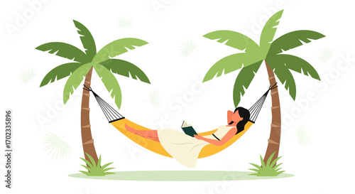 Woman Relaxing In Hammock Under Palm Trees And Enjoying Reading Book Illustration