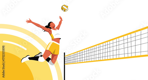 Volleyball Player Spiking the Ball over Net in Dynamic Action with Yellow Accents
