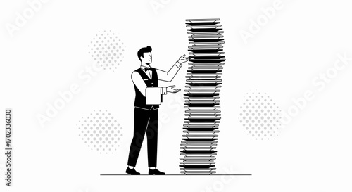 Waiter Inspects A Gigantic Stack Of Plates Displaying A Sense Of Pride And Precision