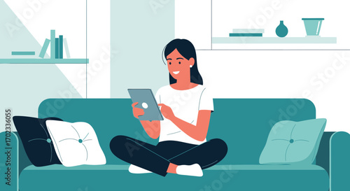 Woman Relaxing On Couch Using Tablet For Entertainment And Everyday Living