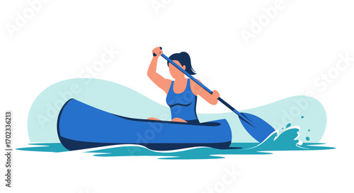 Woman Rowing Canoe Vigorously Across Water, Generating Waves and Splashes, Leisure Activity