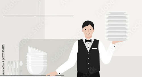 Waiter Smiling Proudly Holding Plates, Ready to Serve Fine Dining Customers Efficiently