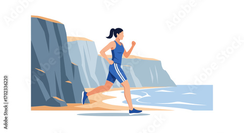 Woman Running Along Scenic Coastline, Promoting Fitness and Healthy Lifestyle Outdoors