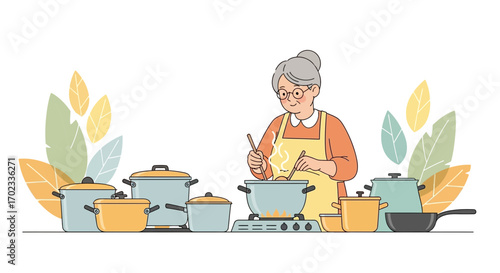 Warmhearted Grandmother Joyfully Cooking Delicious Meal Amidst Kitchen Utensils