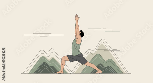 Warrior Pose Practiced Amidst Stylized Mountains and A Calming Earth-Toned Background