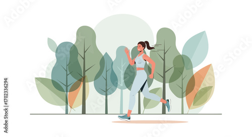 Woman Running in Park Illustration Design for Fitness Sport and Wellness Activities