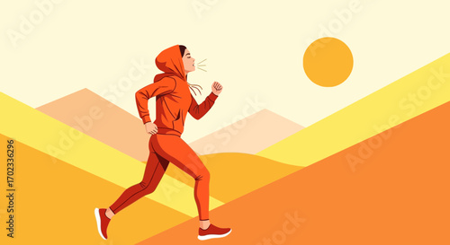 Woman running in sunny landscape wearing orange sportswear for fitness and outdoors