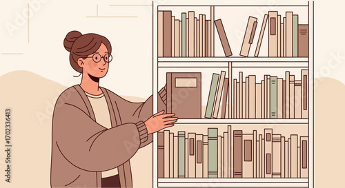 Woman selecting a book from library shelf in an illustration style design