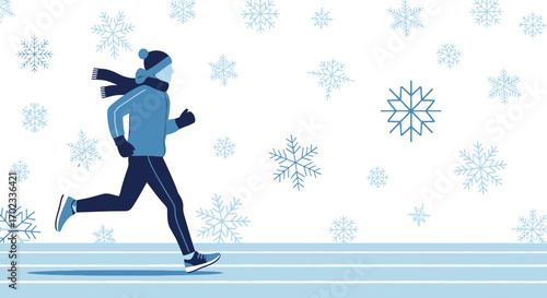 Winter Running Illustration with Person Jogging Amidst Falling Snowflakes