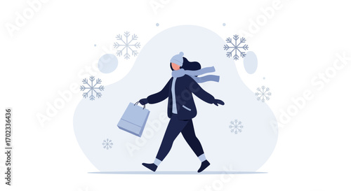 Winter Shopper Illustration Capturing Cold Weather Shopping With Snowflakes In Background