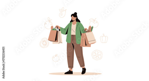 Woman Shopping For Groceries And Holding Multiple Bags With Fresh Produce Elements.