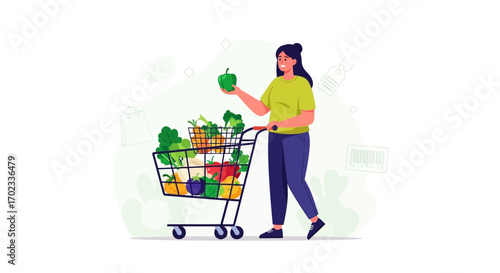 Woman shopping for groceries with a shopping cart full of fresh and healthy vegetables