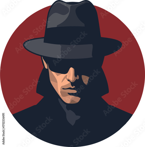 Modern Noir Spy Silhouette in Black Fedora and High-Collar Trench Coat on Red Circle – Secret Agent Vector Art