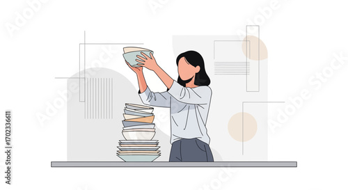 Woman arranging dishes after washing them perfect image with white background style