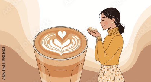 Woman Smelling Delicious Pastry Near A Beautiful Coffee Latte Art With Love