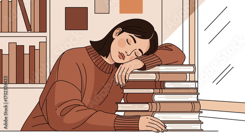 Woman Sleeping on Books Vector Illustration Depicting Rest and Exhaustion for Design