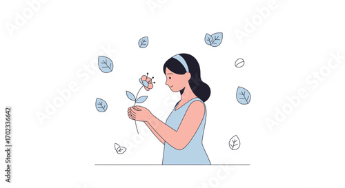 Woman smelling flower: Illustration of nature, peace, and tranquility in simple line art