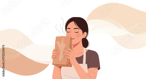 Woman smelling food in a paper bag filled with delicious food in a vector illustration