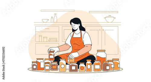Woman arranging jars of food ingredients in the kitchen, vector illustration design