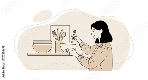Woman Arranging Kitchenware: A Minimalist Illustration of Domestic Life Displaying Harmony