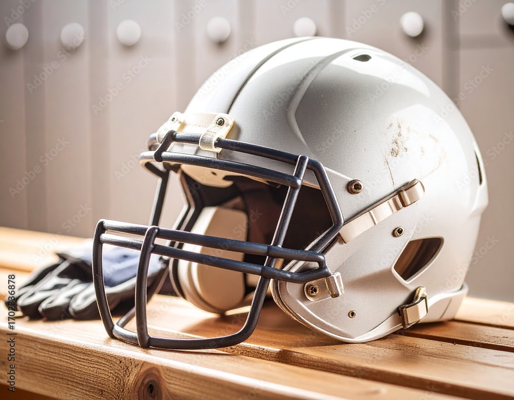 Fototapeta premium American football helmet and gloves resting on a wooden surface ready for game.
