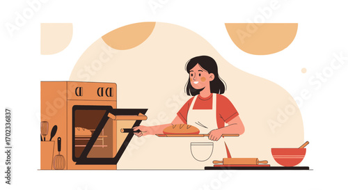 Woman Baking Fresh Bread In Kitchen, Enjoying The Daily Routine, Delicious And Tasty