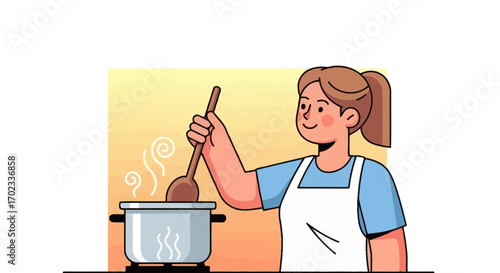 Woman stirring food in a pot cooking in a kitchen vector illustration