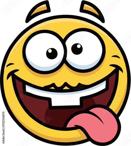 A blissful and goofy yellow smiley face cartoon character with a crazy excited expression and tongue sticking out