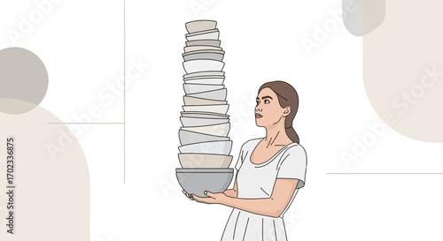 Woman Balancing a Tower of Bowls Symbolizing Overwhelming Tasks and Responsibilities